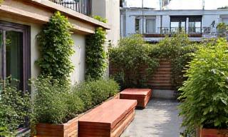 Ein modern gestalteter Kleingarten oder Balkon mit vertikalem Grün