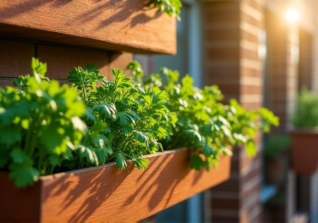 Kleiner Balkongarten mit Holzhochbeeten